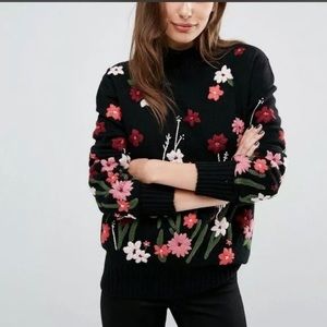 French Connection Small Floral Garden Embroidered Sweater Wool Blend Bohemian
